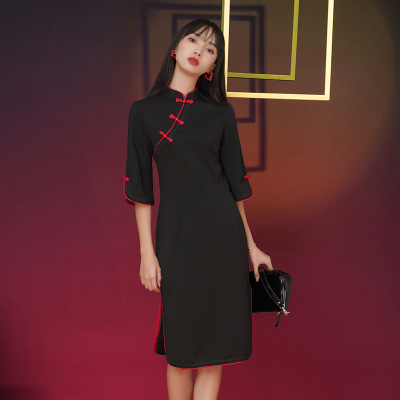 新式中长款改良旗袍中国风2022新款性感修身复古连衣裙少女|ms