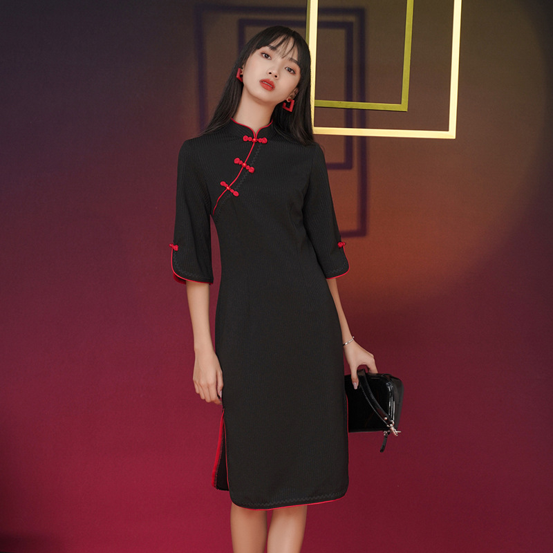 新式中长款改良旗袍中国风2022新款性感修身复古连衣裙少女|ms