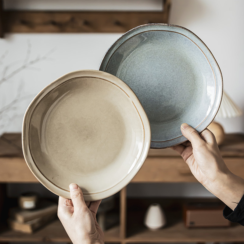 Kiln Variant Irregular Plate Retro Tableware Ceramic Plate Restaurant Shallow Plate Household Dishes Dessert Plate Salah Plate