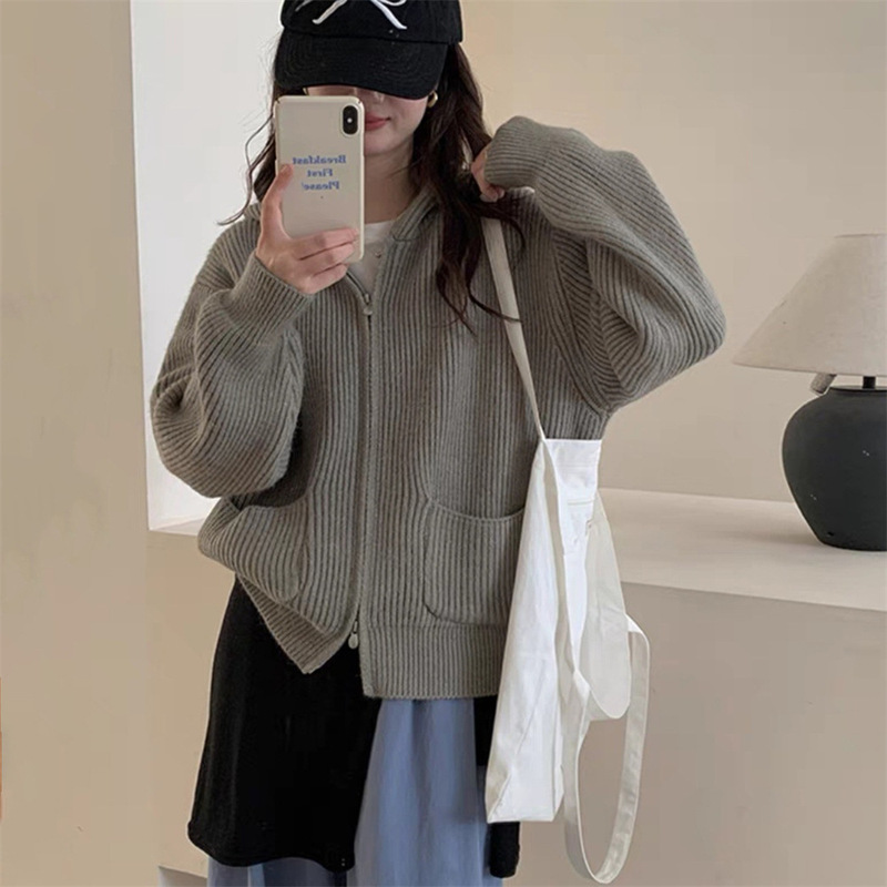加厚简约坑条双口袋连帽拉链毛衣外套女秋冬新款宽松软糯针织开衫|undefined