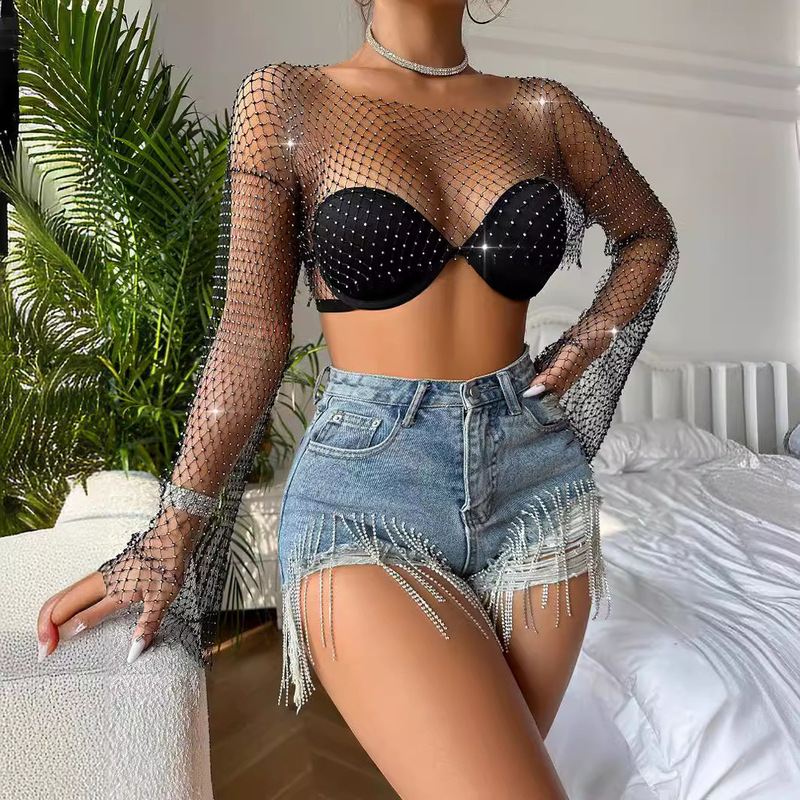 26-Year-Old Internet Celebrity Fishnet Blouse for Live Streaming on Instagram, Sexy Outerwear with Hollow-Out Design, High-Waisted, Shiny Rhinestones, Trendy Long Sleeves, Hot Rhinestones Xy20537