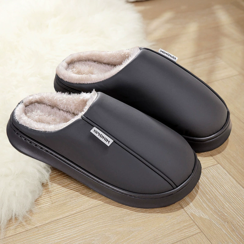 Водонепроницаемые хлопчатобумажные тапочки мужской зимний теплая домашняя обувь ПУ легкие плюшевые тапочки нескользящие толстые хлопчатобумажные туфли большого размера
