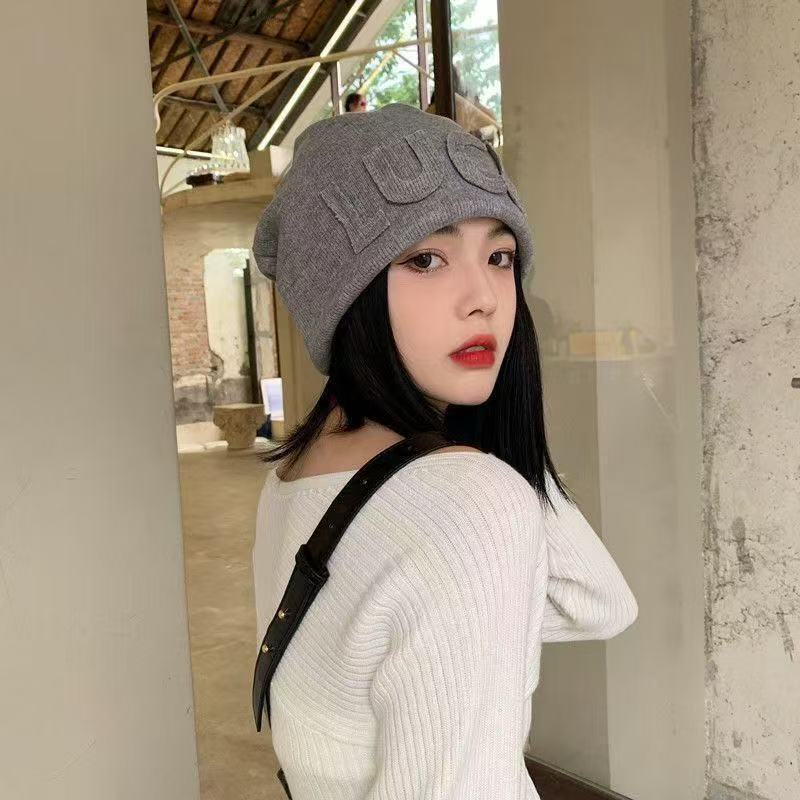 网红堆堆帽女产后月子帽春秋时尚字母日系毛线针织包头帽春季冷帽|undefined