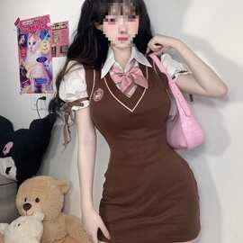 (跨境爆款)纯欲学院风JK连衣裙美式包臀裙辣妹女学生假两件裙子