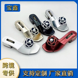 Cross-Border 2025 European and American New Style Comfortable and Elegant Thick-Heeled Round-Toe Floral Sandals and Slippers for Women, Comfortable and Versatile