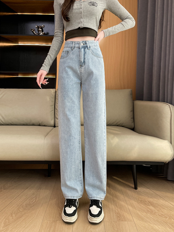 Quần jeans ống rộng dáng suông nữ kiểu retro tôn dáng — màu xanh nhạt