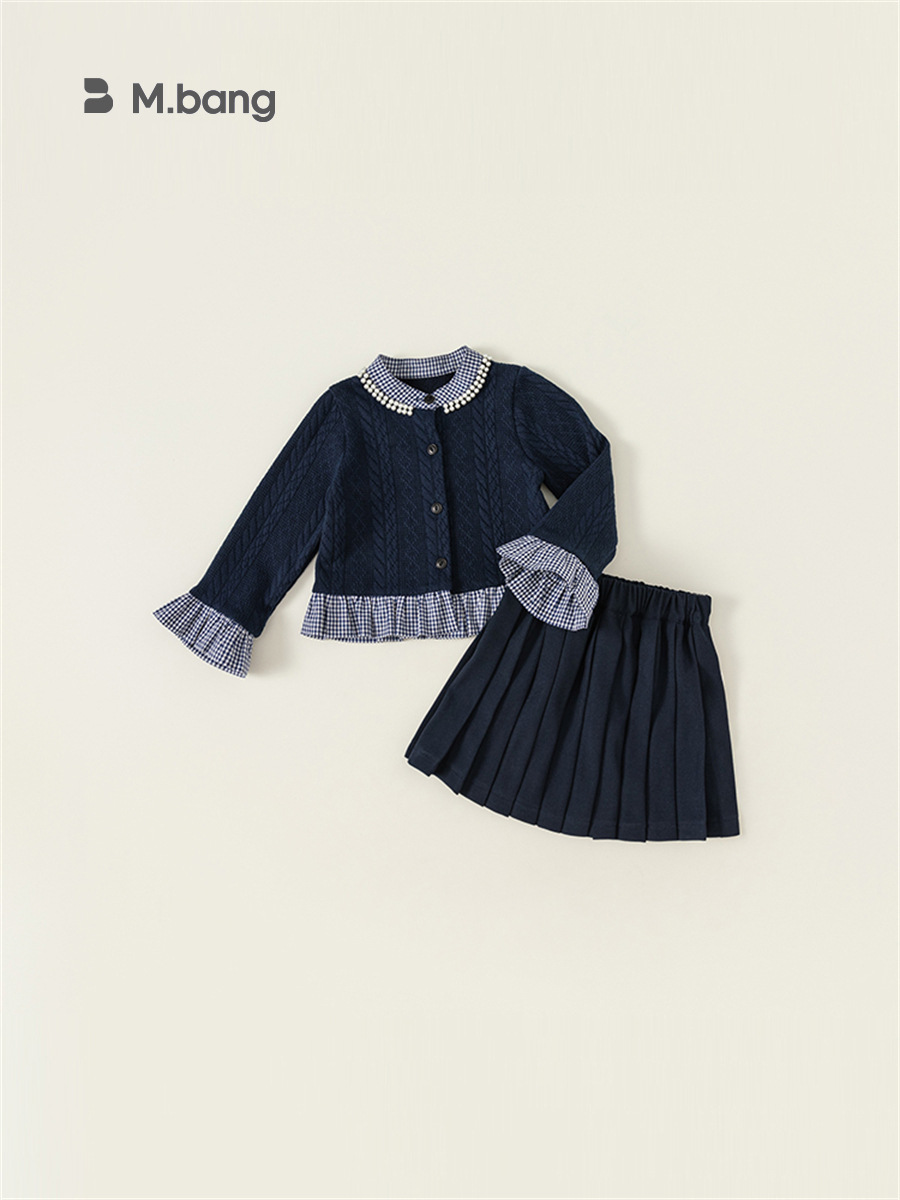 Conjunto de Dos Piezas de Ropa Infantil Bangxuan para Primavera y Otoño, Estilo Universitario, Cárdigan de Punto con Mangas con Volantes y Falda Plisada para Niñas