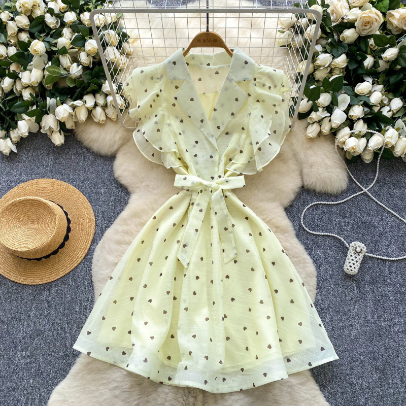 Heart-Printed Dress for Women, Summer Ruffled Suit Collar Tie-Up Style, Pure Desire Hot Girl Mid-Length Dress, Elegant and Suitable for Work