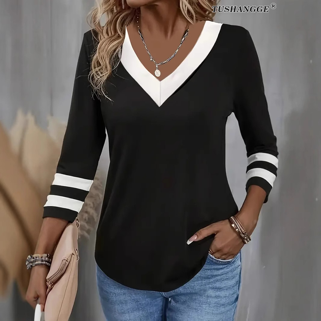 American Cross-Border 2024 New Casual Fashion Trendy Hair Quality Color Matching Long-Sleeved V Neck T-Shirt