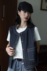 明线复古牛仔马甲女秋季外套小个子百搭显瘦短款宽松小坎肩外搭