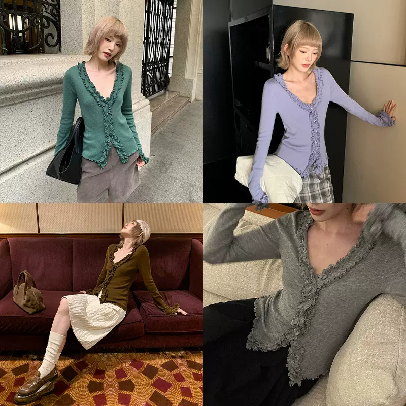 UNITY MODE 层叠荷叶边毛衣开衫女秋v领开叉修身上衣251089