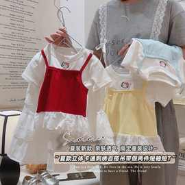2025夏季新款女童甜美假两件刺绣短袖T恤爆款棉刺绣花边上衣童装