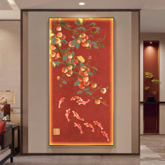 柿子玄关装饰画新中式竖版茶室走廊过道挂画客厅九鱼图入户门壁画