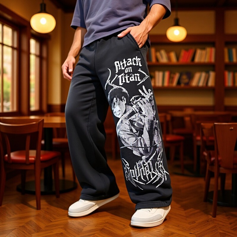 American-style YOUNGLA co-named Attack on Titan Jogger Cotton Terry-Print Wide-Leg Pants American-style YOUNGLA co-named Attack on Titan Jogger Cotton Terry-Print Wide-Leg Pants