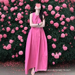 跨境法式多巴胺玫粉色无袖背心连衣裙女夏季大胖mm宽松腰显瘦长裙