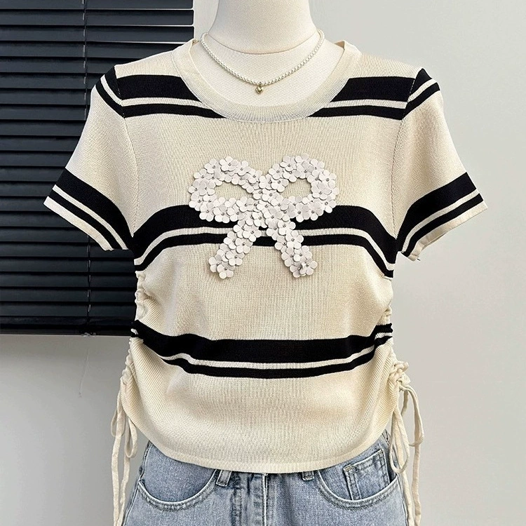 Корейский летний новый облегающий топ с бантом и завязками на талии, полосатый топ с короткими рукавами, модный трикотаж для женщин