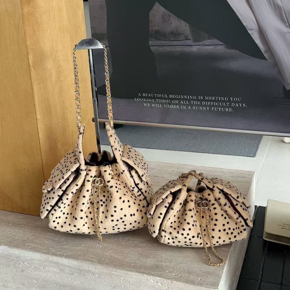 25bag plush leopard print drawstring bucket bag, niche chain bag, versatile commuter shoulder bag for women, leopard print underarm bag