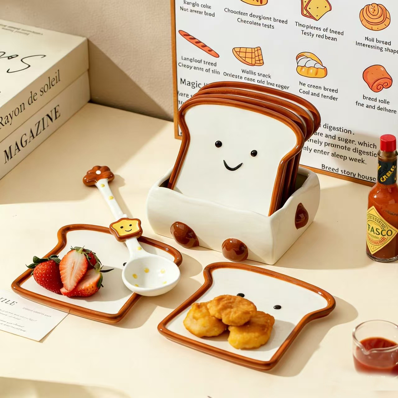 Bonito plato de cerámica para tostadas, plato de desayuno casero, plato de pan de dibujos animados creativo, conjunto de plato de hueso de alto valor