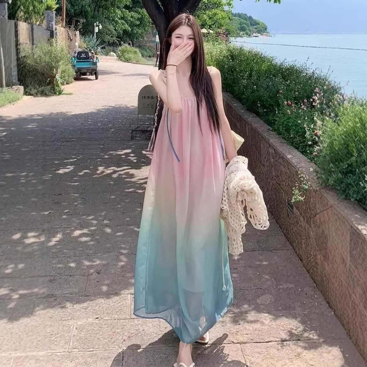 Hainan Sanya Seaside Resort Style Gradient Tie-Dye Spaghetti Strap Dress for Women, New Summer Chinese-Style Loose Dopamine Long Dress