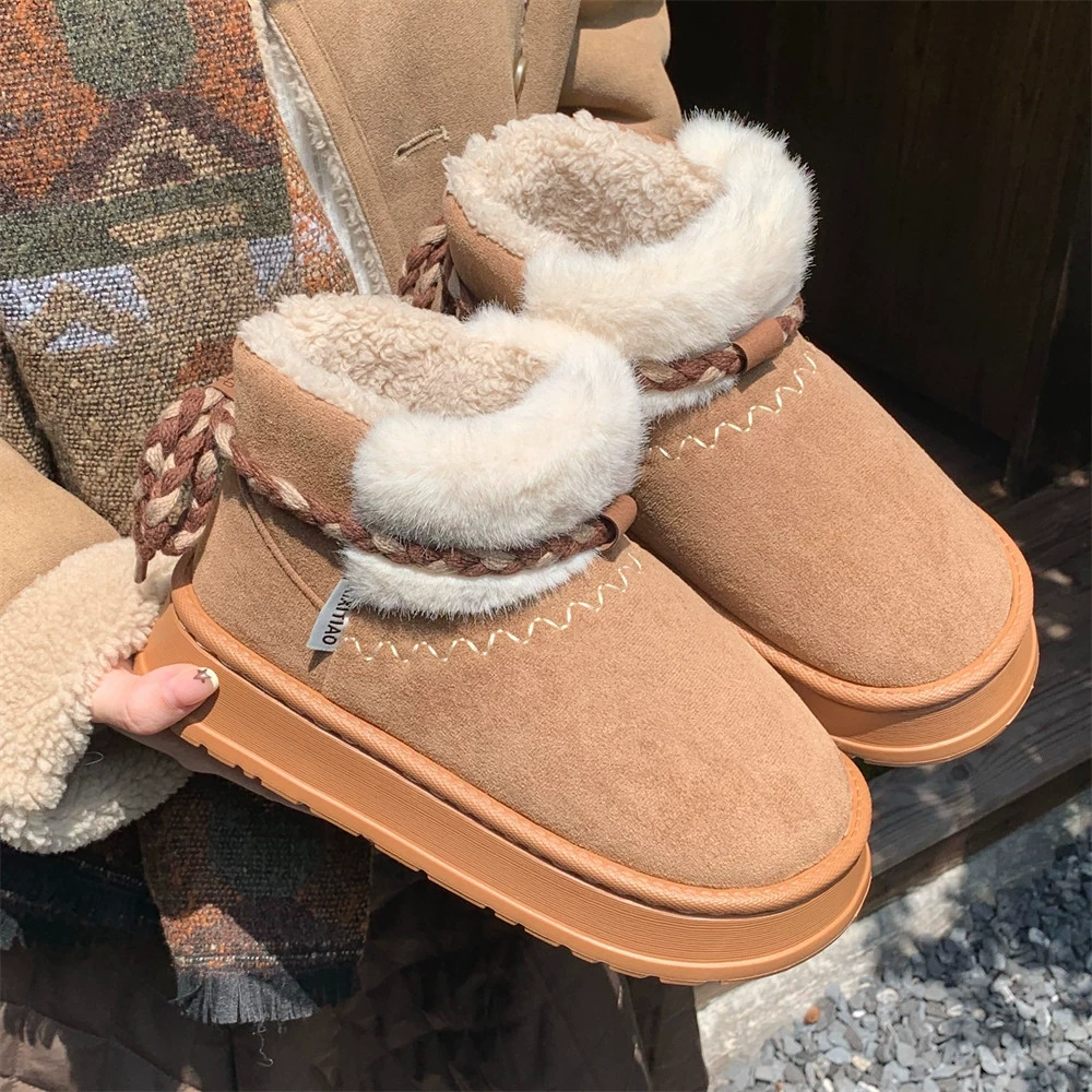 Осенне-зимние женские плюшевые теплые хлопковые сапоги 2025 года, новая модель в стиле ретро, повседневные, мягкие, на толстой подошве, до середины икры, для снега