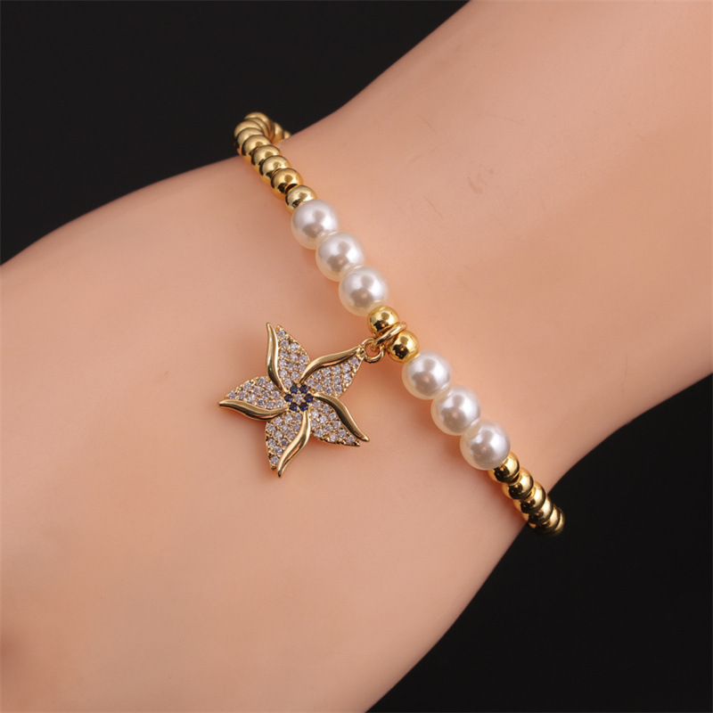 Pulsera De Estrella De Mar De Circón De Cuentas Redondas De Oro Real Plateado Cobre Al Por Mayor Nihaojewelry display picture 8