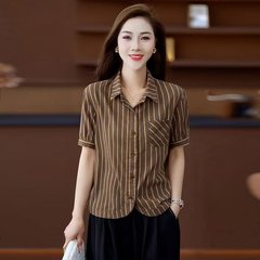 一件代发气质通勤条纹短袖衬衫2025夏季新款时尚百搭减龄显瘦上衣