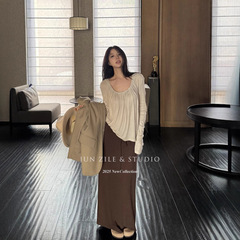 女士衣服套装秋装韩系慵懒风设计感U领长袖T恤上衣包臀长裙半身裙