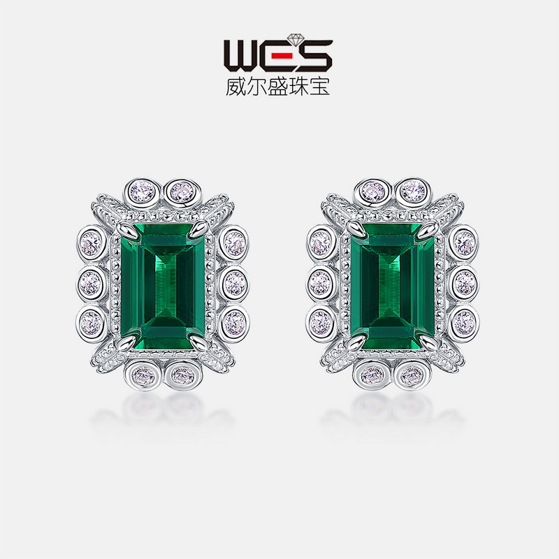 Venta caliente transfronteriza europea y americana Pendientes de esmeralda de cultivo de lujo ligero retro S925 con incrustaciones de plata Cultivo geométrico Pendientes de tesoro de color femenino