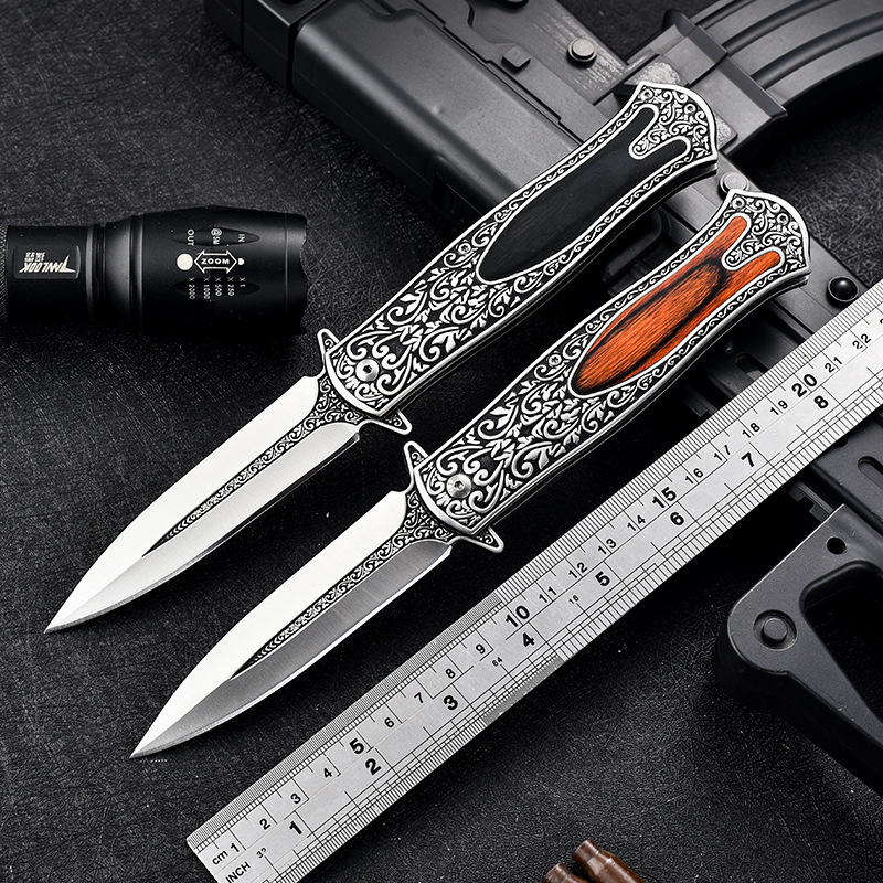 跨境热卖全钢扎花高硬度折叠刀野营战术户外刀具防身折刀多功能刀
