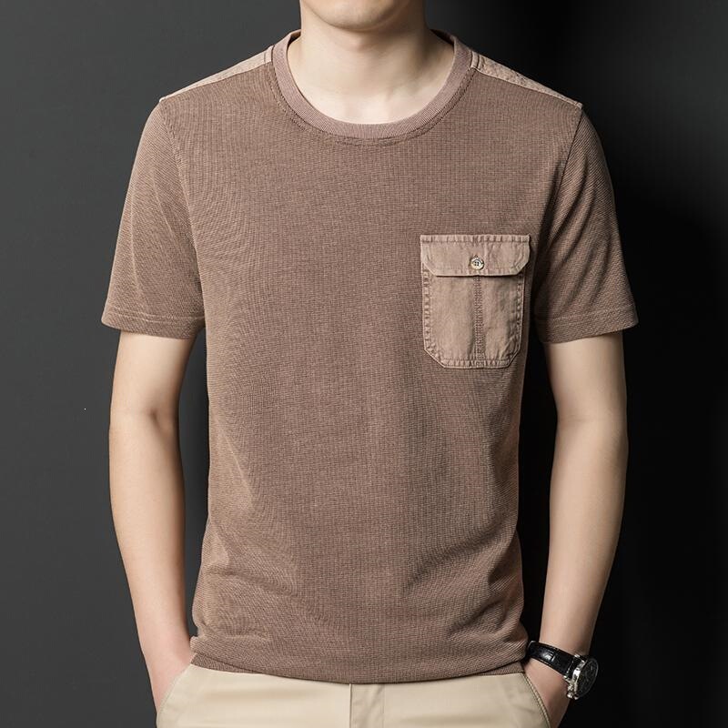 Middle-Aged Men's Short-Sleeve T-Shirt, Round Neck, Real Pocket, Solid Color, Business Style, Dad's Wear, Washed Vintage Casual Wholesale Middle-Aged Men's Short-Sleeve T-Shirt, Round Neck, Real Pocket, Solid Color, Business Style, Dad's Wear, Washed Vintage Casual Wholesale