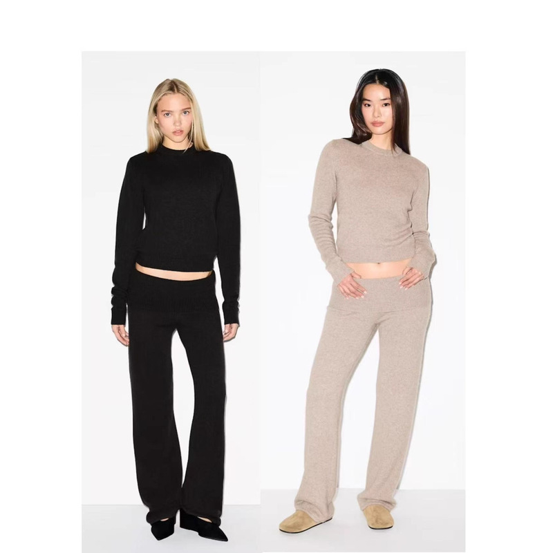 Skims Spring & Fall New Two-Piece Casual and Comfortable Round Neck Top Long-Sleeved Straight Pants Knitted Suit