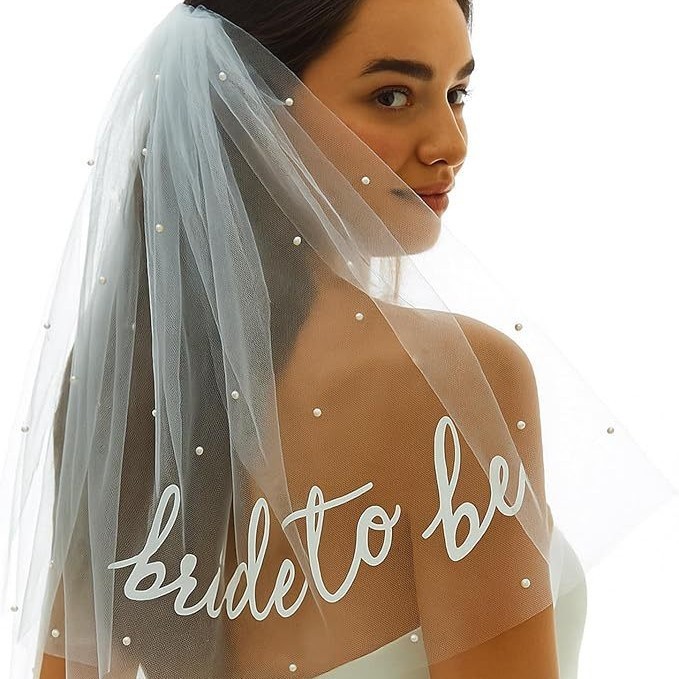 欧美Bride to Be珍珠头纱婚礼派对新娘烫字双层头纱单身派对头纱|undefined