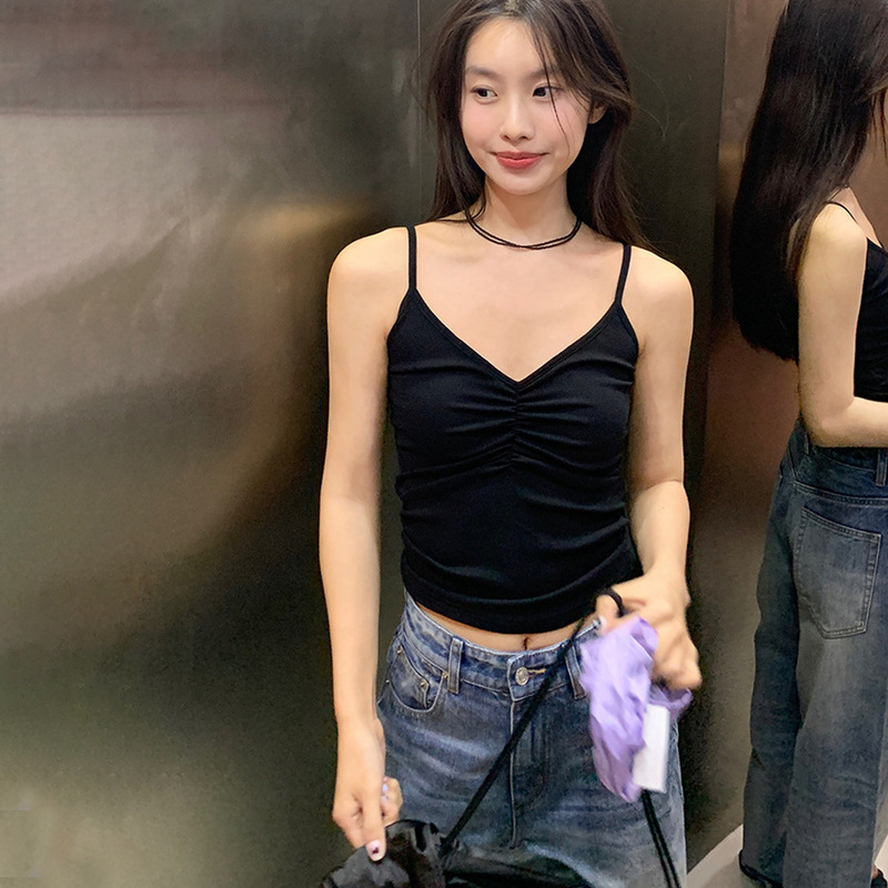 2026 Summer Slim Fit V-Neck Strap T-Shirt for Women, Knitted Crinkled 3D Pleated Sexy Socialite Short Top