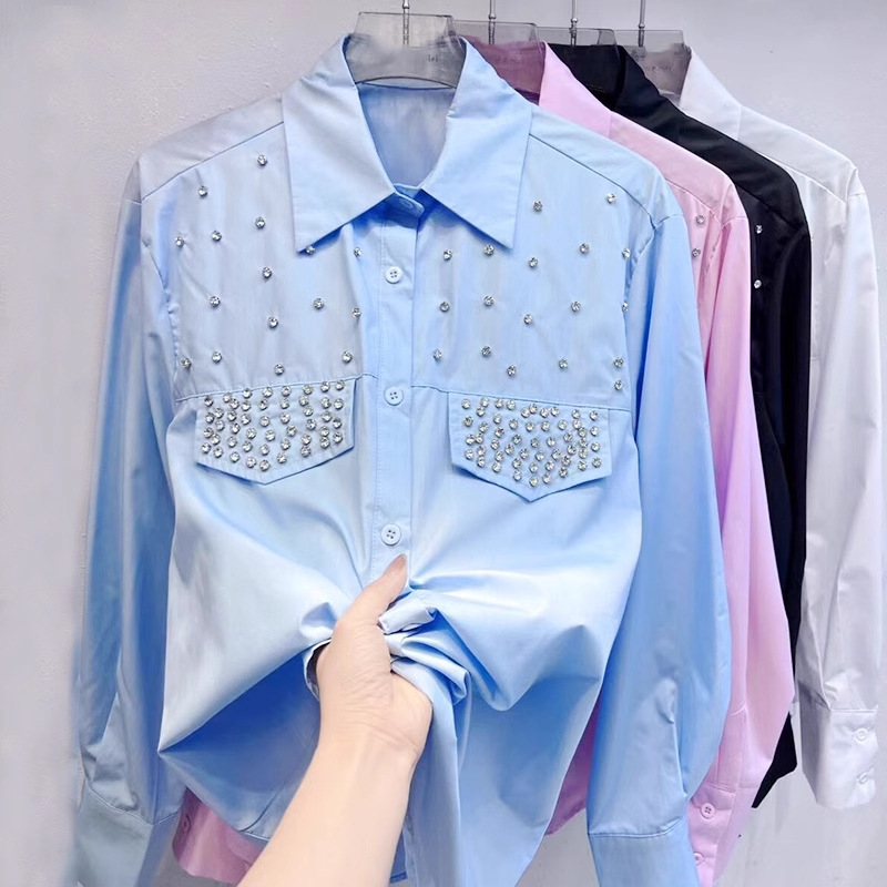 Niche Design Heavy Industry Diamond Casual All-match Lazy Style Loose Stylish Shirt Blue Long Sleeve Shirt New Women