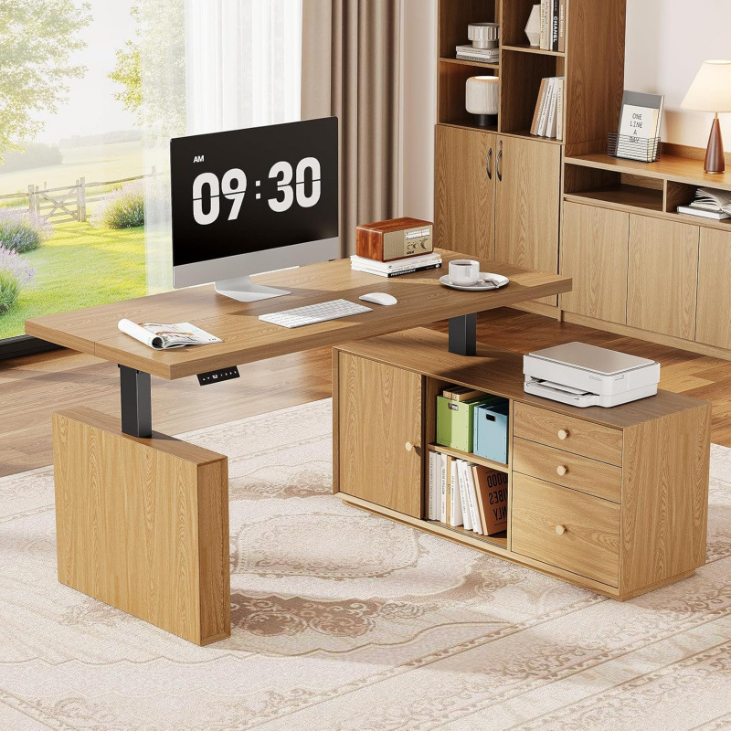 Vintage-style corner desk, natural wood L-shaped multifunctional drawer cabinet, designer home computer office desk manufacturer