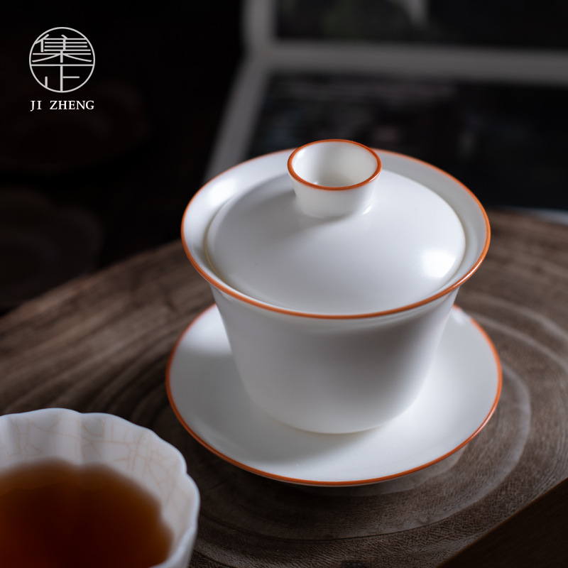 Ru Kiln White Porcelain Sancai Covered Bowl Single Kung Fu Tea Set Ceramic Tea Bowl Ru Porcelain Crack Can Be With