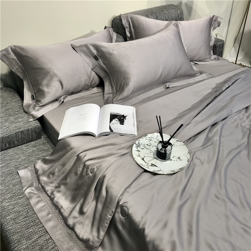 春夏60S玻尿酸莱赛尔纤维天丝夏凉被镂空边轻高端丝滑空调被4件套