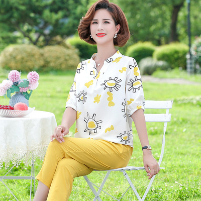 妈妈夏装洋气套装40-50岁中年女短袖T恤上衣+裤子 中老年两件套