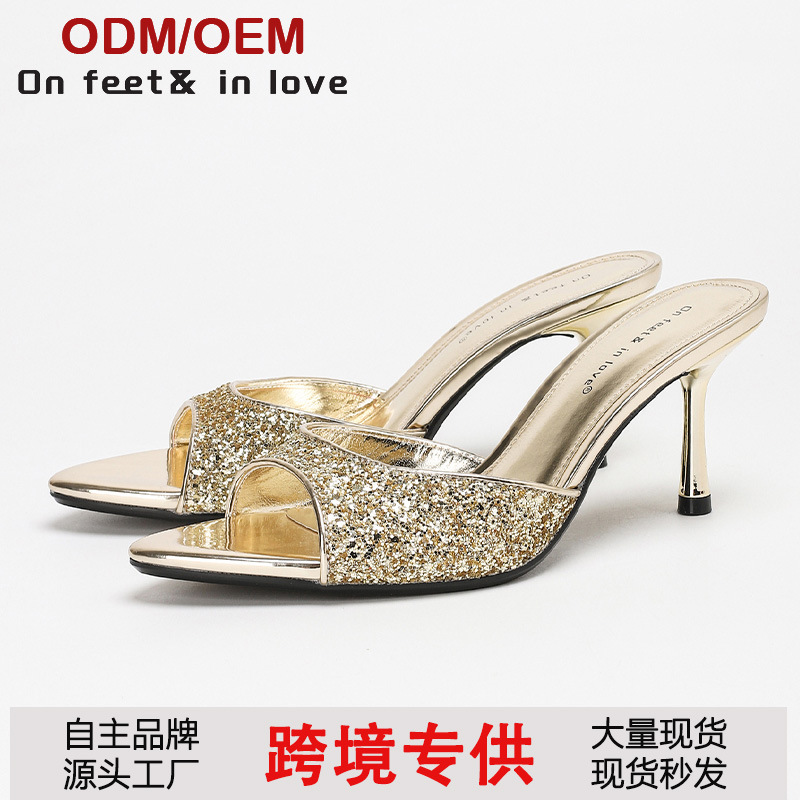 Summer Simple New Style French Style Fashionable Sequined One-Line Outer Wear Thin Fashionable Casual High-Heeled Sandals