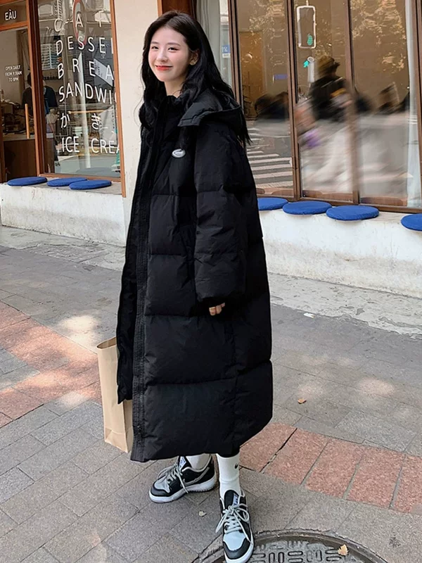 Black long winter down jacket with down, mid-length, 2023, Korean style, oversize, increased thickness
