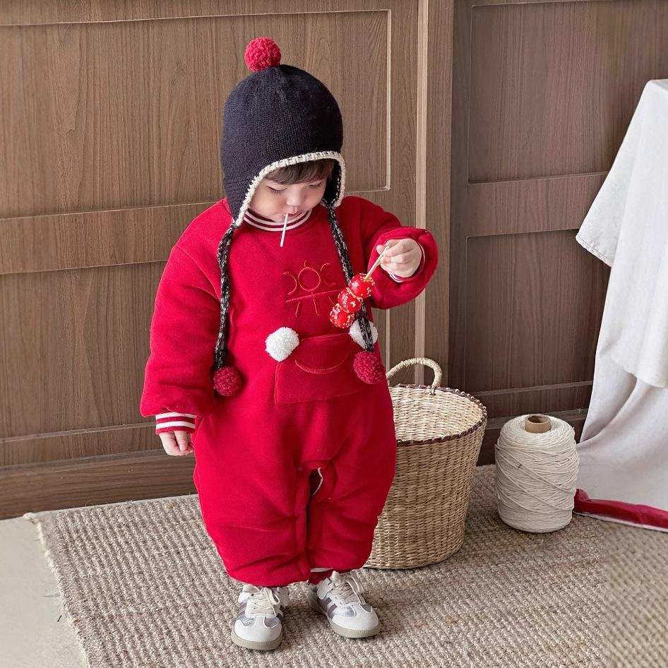 2025 ropa de algodón de estilo chino para bebés y niños pequeños, año nuevo rojo festivo, bolsillo de sobre rojo, ropa de Año Nuevo, ropa acolchada de algodón de una pieza