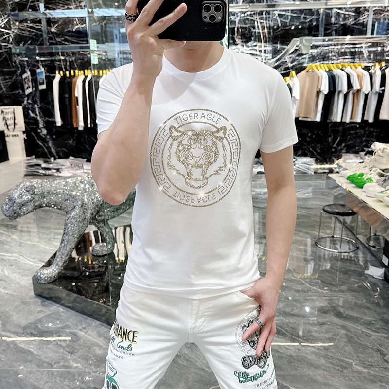 European Trendy High-Quality Slim-Fit Rhinestone Short-Sleeve T-Shirt for Men, 2026 Summer New Fashion Round-Neck Tee