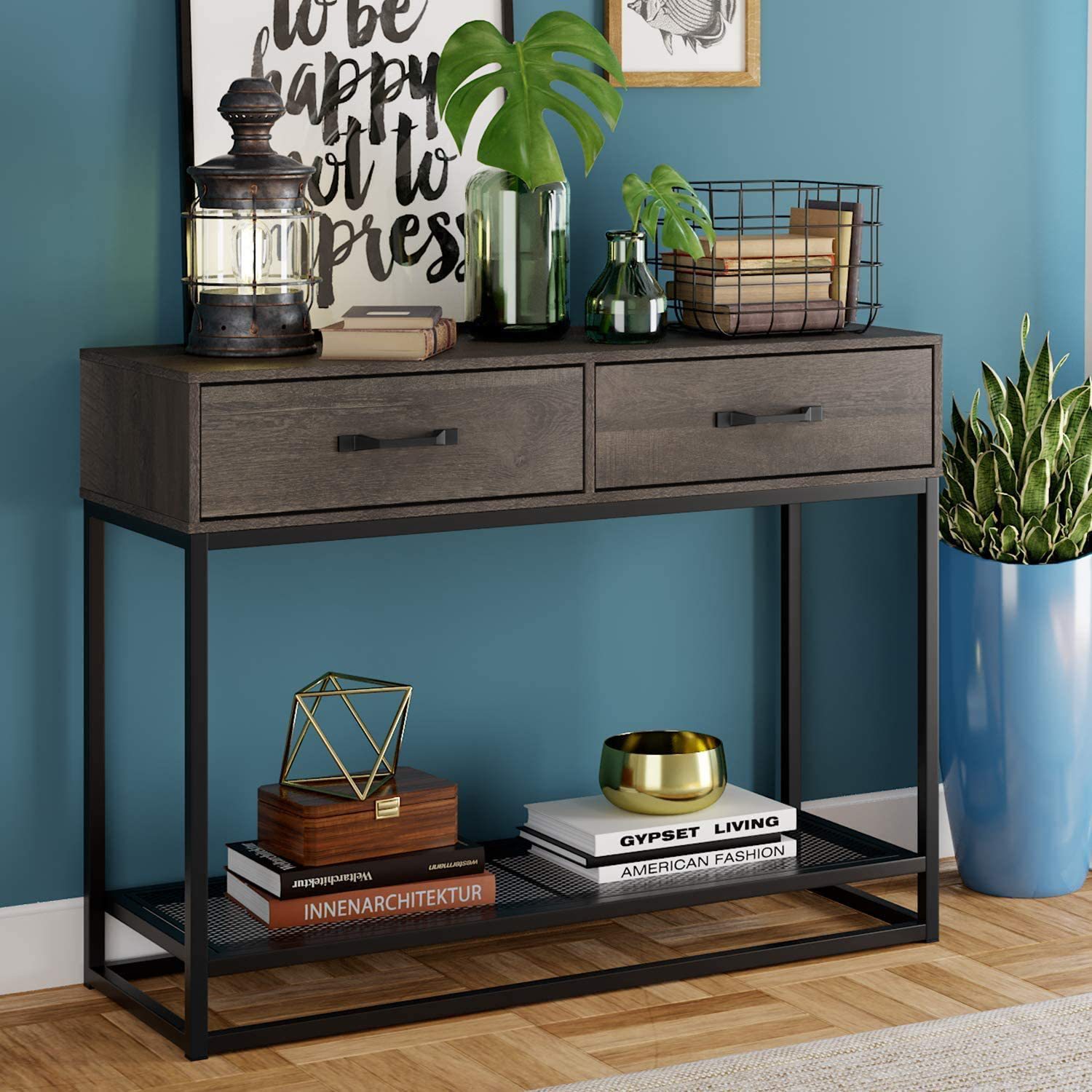 Nordic minimalist steel wood furniture with two drawers and storage…