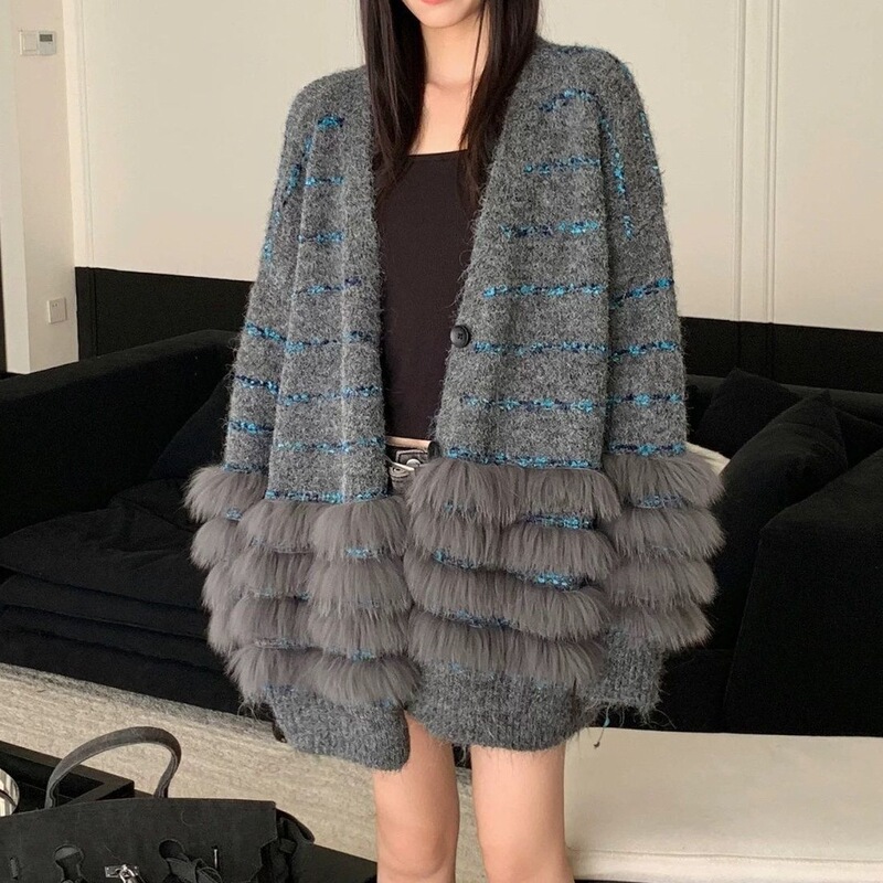 秋冬高级感仿狐狸毛亮丝条纹韩系中长宽松显瘦毛衣慵懒风外套女|undefined