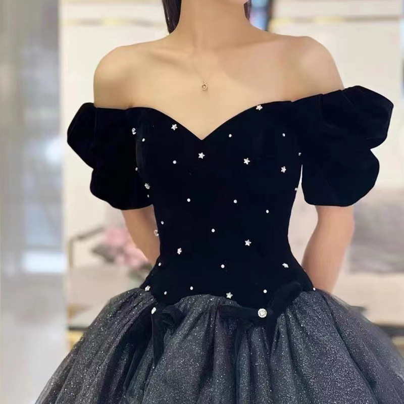 Vestido de noche para mujer, nuevo estilo invierno 2026, vestido de tul negro con mangas abullonadas para ceremonia de mayor edad, examen de arte, presentadora y reunión anual.