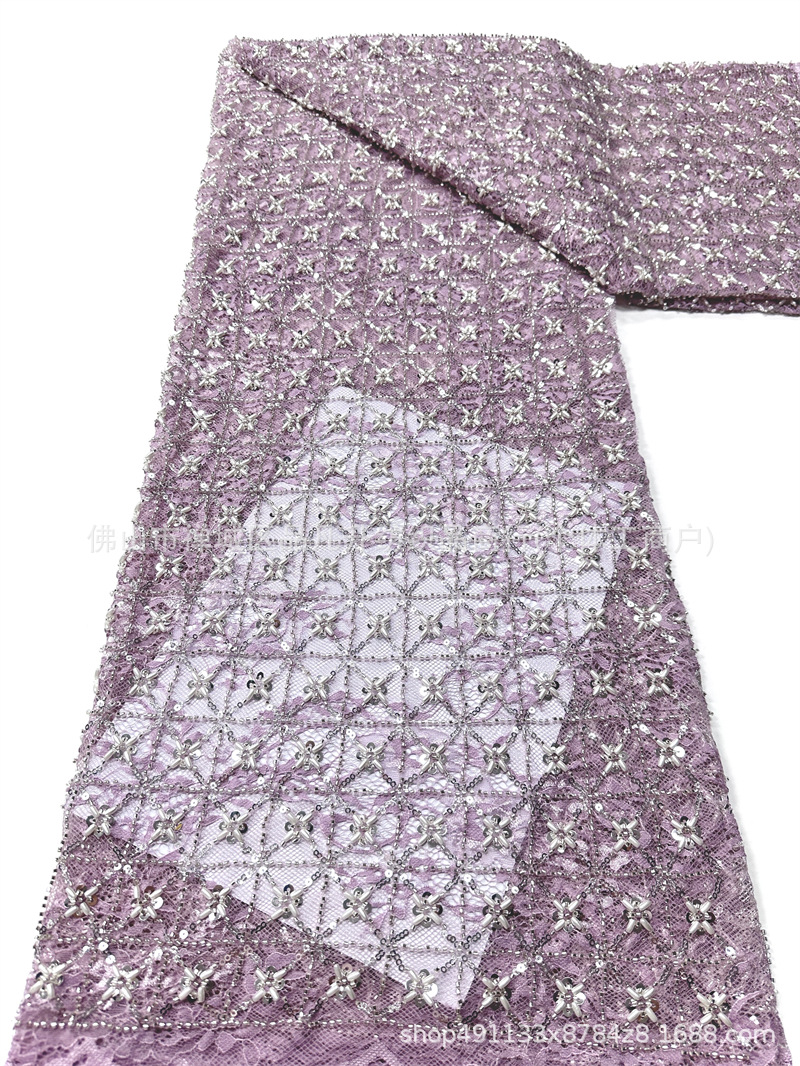 Blanco pesado clavos de cuentas sequinilla tela de encaje cuadrilátero cosido a mano perla sequinilla vestido tela