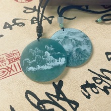 正品天然A货翡翠蓝水龙王影雕冰种玉石吊坠生肖龙男女款挂件批发