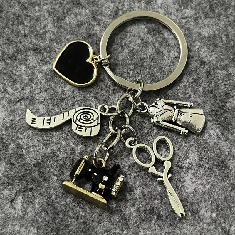 Clothing Designer Tailor Keychain Sewing Machine Scissors Iron Tape Measure Clothes Heart Beads Handmade DIY