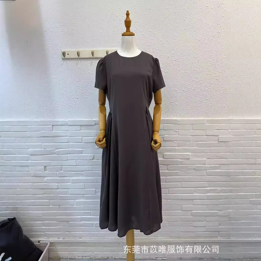 苡唯设计韩版女早秋新款优雅收腰减龄短袖连衣裙后腰松紧长裙3992