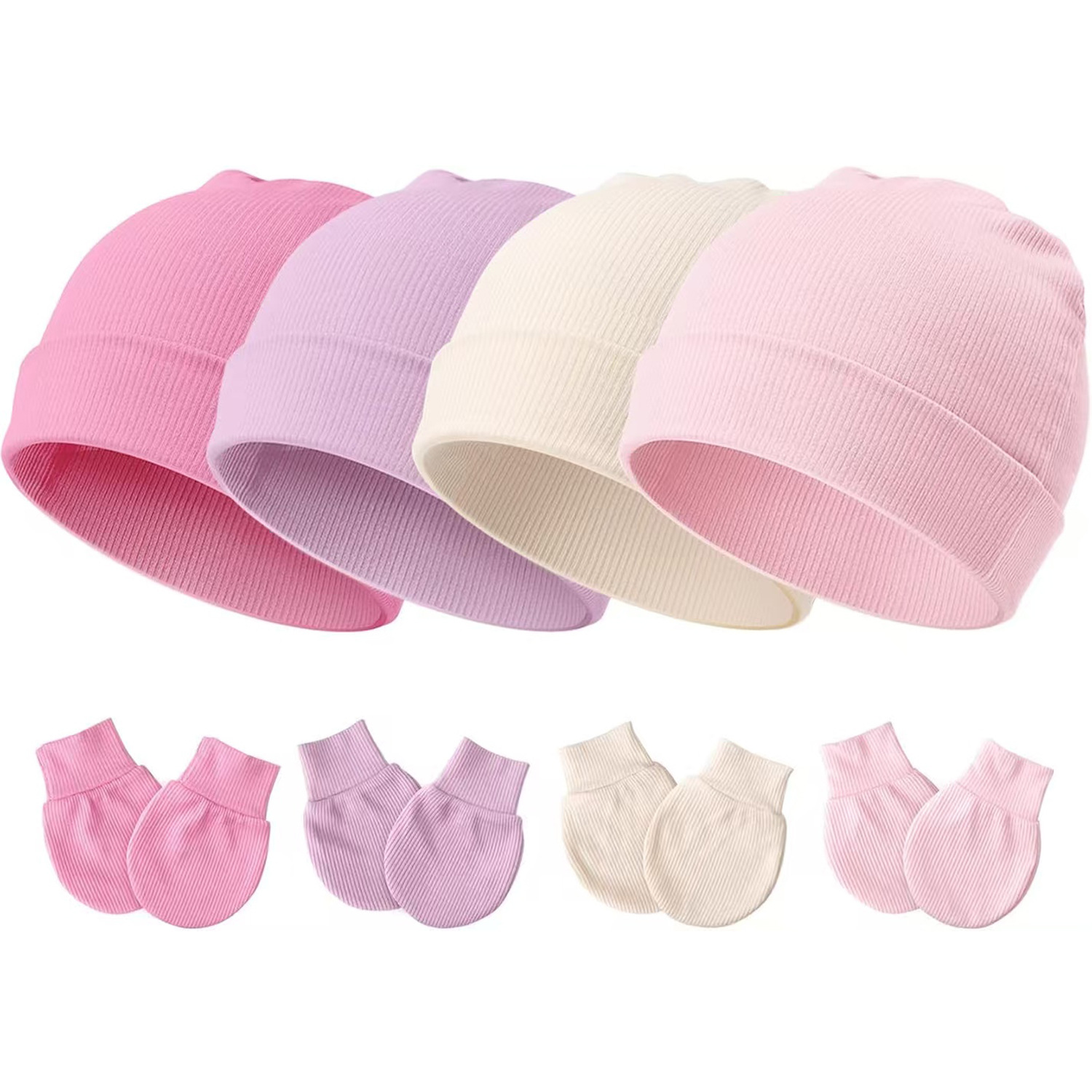 2025 Newborn Baby Fetal Cap Male and Female Baby Solid Color Pullover Hat Anti-Scratch Gloves 0-1 Knitted Hat Set Cross-Border